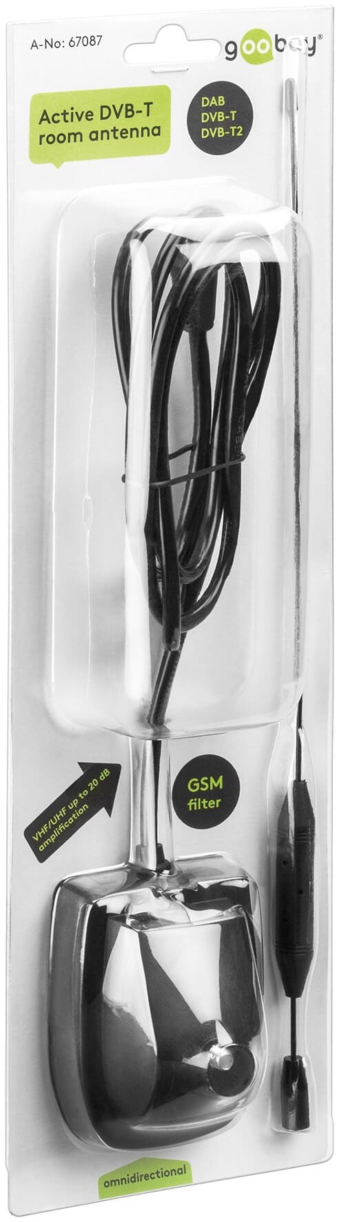 Indendørs antenne DVB-T / DVB-T2. God til mobile behov og i områder med middel til god dækning. Indbygget forstærker og 4G/LTE s