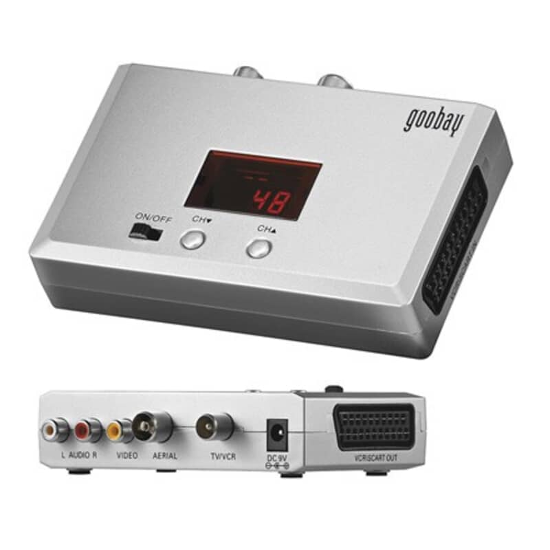 Converts video and audio signals (mono) from DVD recorders, digital cameras into high-frequency signals (VHF/UHF) Converts video and audio signals (mono) from DVD recorders, digital cameras into high-frequency signals (VHF/UHF)