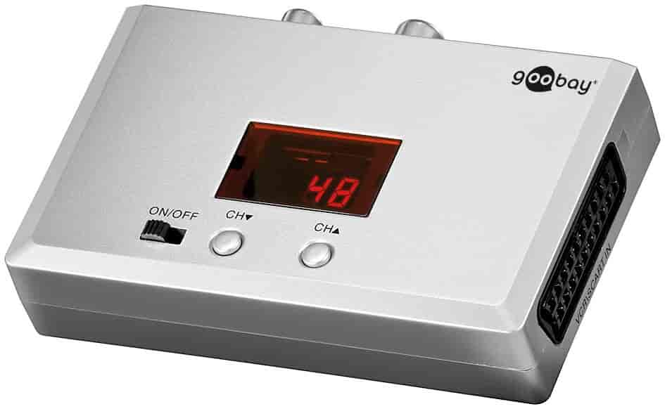 Converts video and audio signals (mono) from DVD recorders, digital cameras into high-frequency signals (VHF/UHF)
