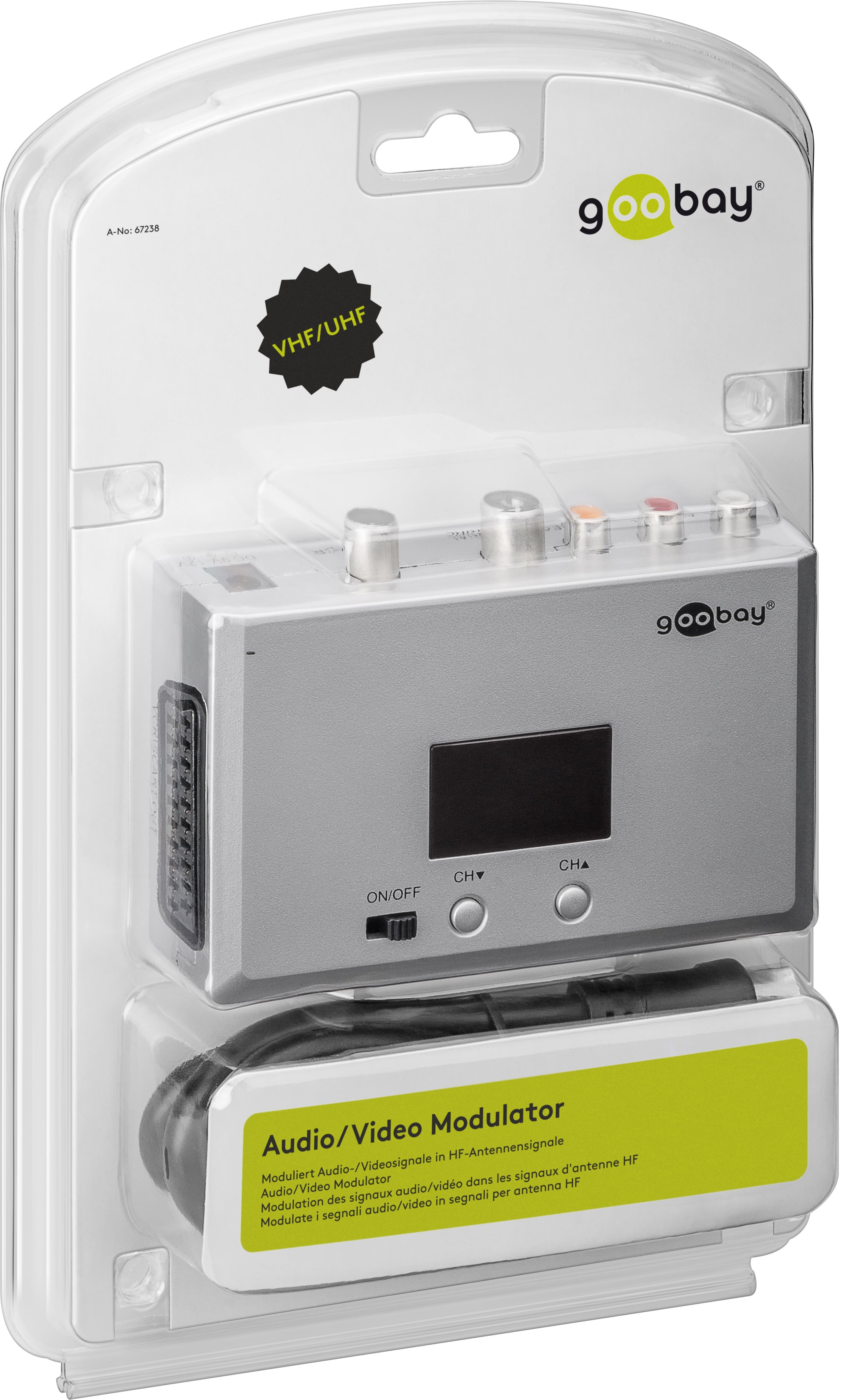 Converts video and audio signals (mono) from DVD recorders, digital cameras into high-frequency signals (VHF/UHF)