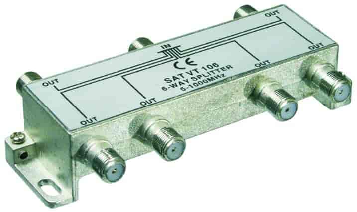 6 Way splitter,5-1000 MHz.6 Way splitter,5-1000 MHz. Distribute antenna signal from 1 source to 6 targets. Suitable for all radiosignals within 5-1000 Mhz. Connection F-connector.goobay