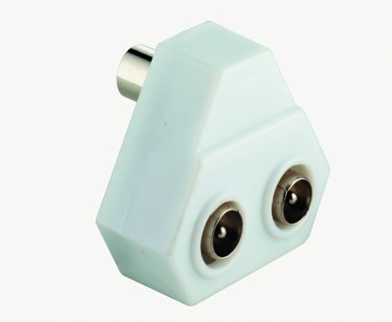 Splitter for antenna signals. Economy PVC version. 1 x Coax male to 2 x Coax female IEC 9.5