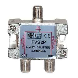 2 vejs splitter2 way splitter, TV+SAT (5-2400 MHz.). Splitter for TV and SAT antenna signal. Share your antenna signal quickly and easily. One input - two outputs. Effective metal encapsulation.. 2 way splitter, 5 - 2400 MHz. DC pass-throughN.A.
