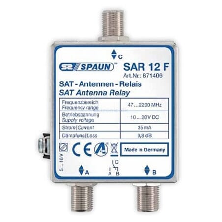 Spaun SAR 12 F Relæ 0/12 volt for skifte mellem aktiv indgang på SAT / parabolantenne. Topkvalitet fra Spaun.