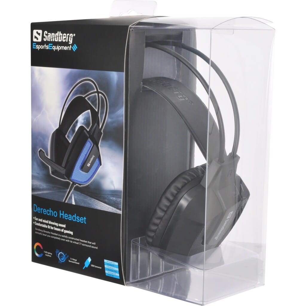Sandberg Derecho HeadsetSandberg Derecho Headset is a solidly constructed headset that will sonically bowl you completely over with its virtual 7.1 surround sound. In addition you will get a stylish flexible microphone, so you can talk to friends and enemies during your battles. No boring downtime spent on slow installations – the headset is connected with USB, and you will be up and running as soon as the headset is connected. Vibration and illuminated ear cups complete the sublime gaming experience!Sandberg