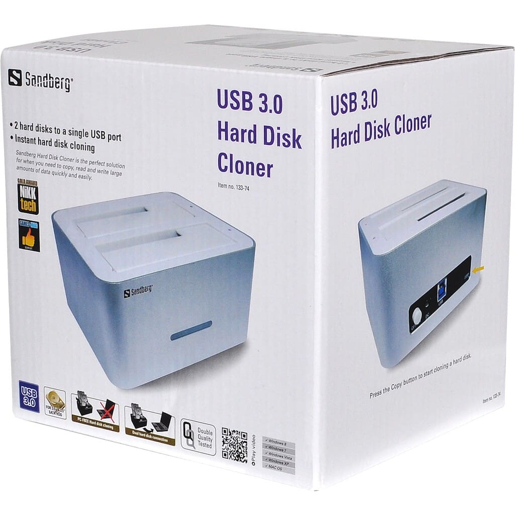 Sandberg USB 3.0 Hard Disk ClonerThe Sandberg USB 3.0 Hard Disk Cloner is the perfect solution for when you need to copy, read and write large amounts of data quickly and easily. The USB 3.0 connection enables you to achieve impressive data transfer speeds of up to 5 Gbit/sec. The cloner has two SATA slots, so you can connect two hard disks to your PC at the same time. The two SATA slots also allow you to clone the contents of one hard disk to another, without any PC connection at all.Sandberg