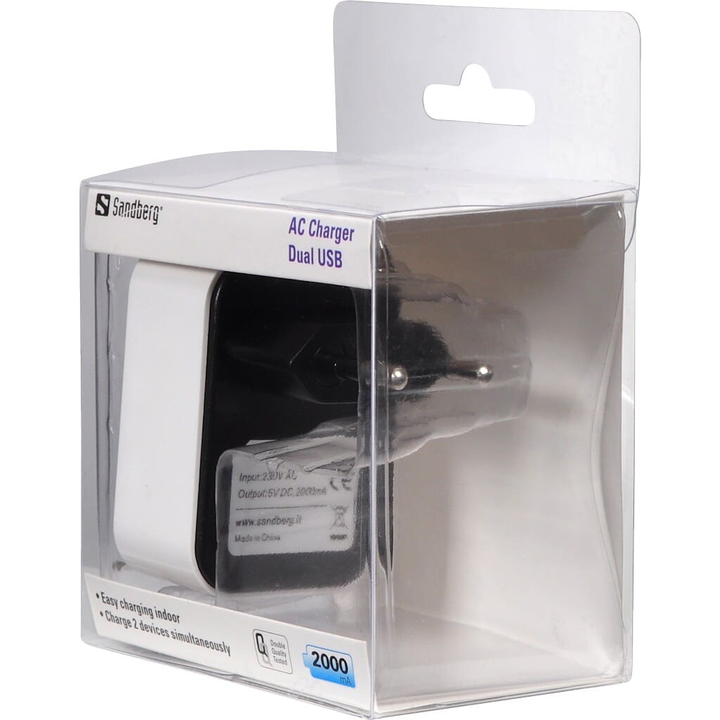 Sandberg AC Charger Dual USB 2.4+1A EUWith the Sandberg AC Charger Dual USB, you’ll always have a charger to hand at home, whether it’syour iPhone, iPad, iPod or another USB device that’s running low on power.Sandberg