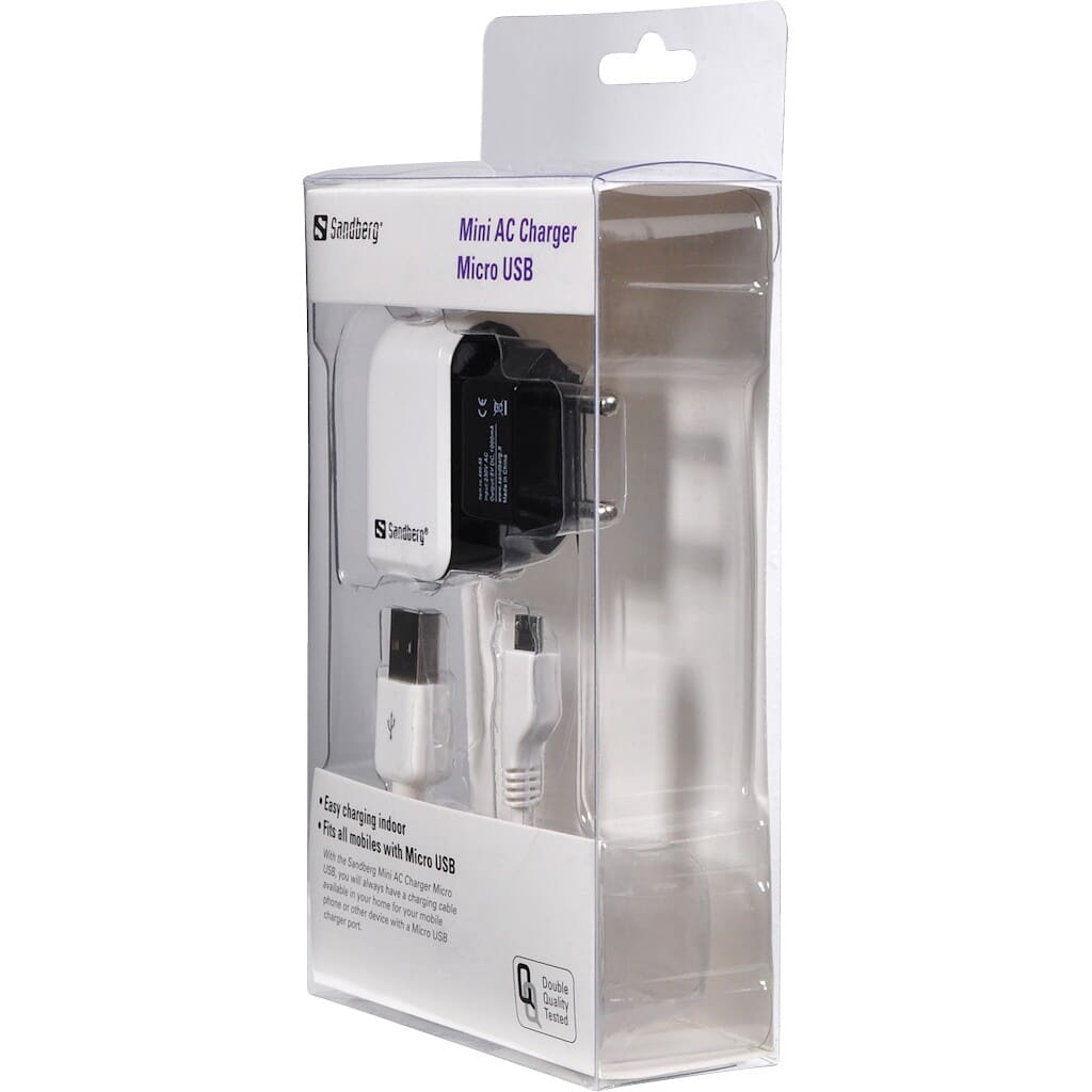 Sandberg Mini AC Charger Micro USB 1ASandbergOpladere og kabler Med Sandberg Mini AC Charger Micro USB har du altid et ladekabel klar i huset til din telefon eller anden enhed med Micro USB stik.