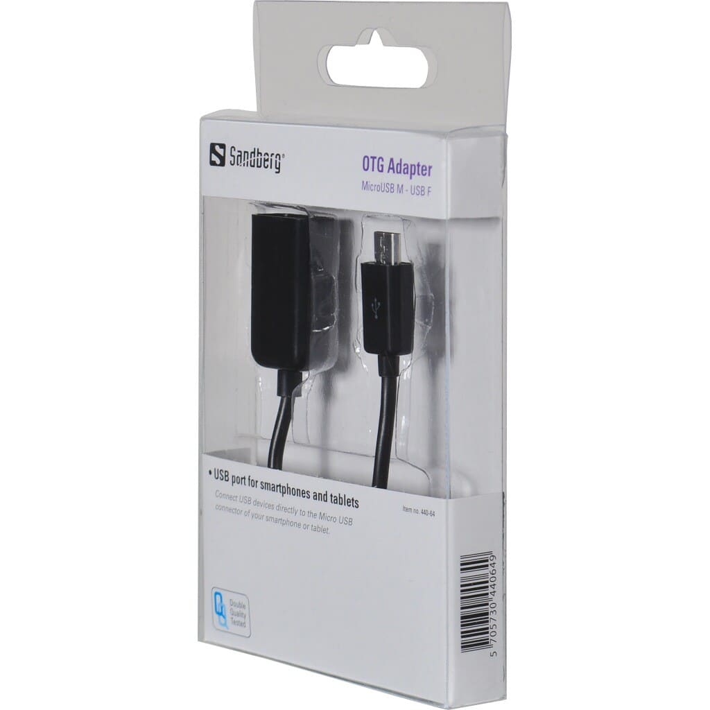 OTG adapter Micro-USB han til USB-A hun - til telefon og tablet - SandbergSandbergOpladere og kabler Tilslut USB udstyr direkte til Micro USB stikket på din smartphone eller tablet.
