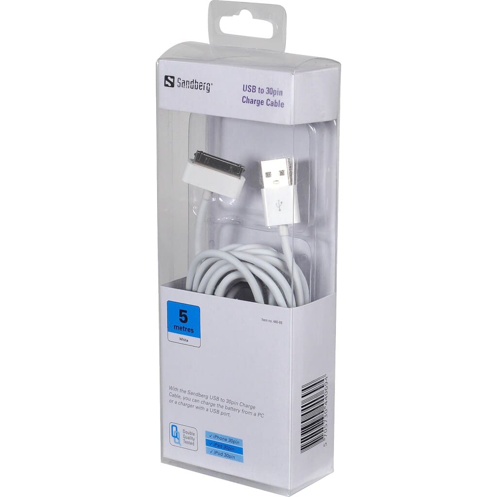 Sandberg USB to 30-pin Charge 5mSandbergOpladere og kabler Med Sandberg USB to 30pin Charge Cable kan du få ladet batteriet op fra PC eller en lader med USB udgang.Kan bruges til iPad 1/2/3, iPhone 3/4/4S og iPod 30pin.