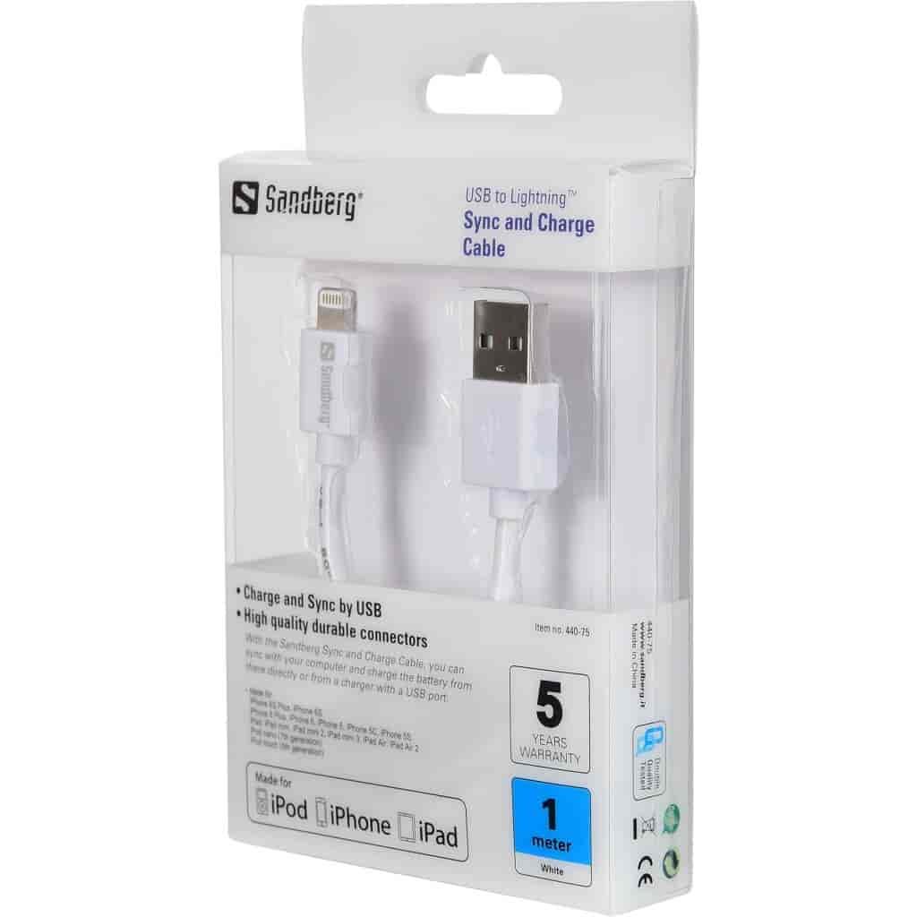 Sandberg USBLightning 1m AppleApprovedSandbergOpladere og kabler Med Sandberg Sync and Charge Cable kan du synkronisere med PC’en og få ladet batteriet op fra PC eller en lader med USB udgang.