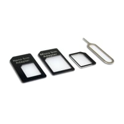 Sandberg SIM Adapter Kit 4in1SandbergOpladere og kabler Omformer Nano-SIM til Micro-Sim, Nano-SIM til Standard-SIM og Micro-SIM til standard-SIM. Indeholder ydermere en smart nål til at prikke SIM-kortet ud i f.eks. en iPhone.