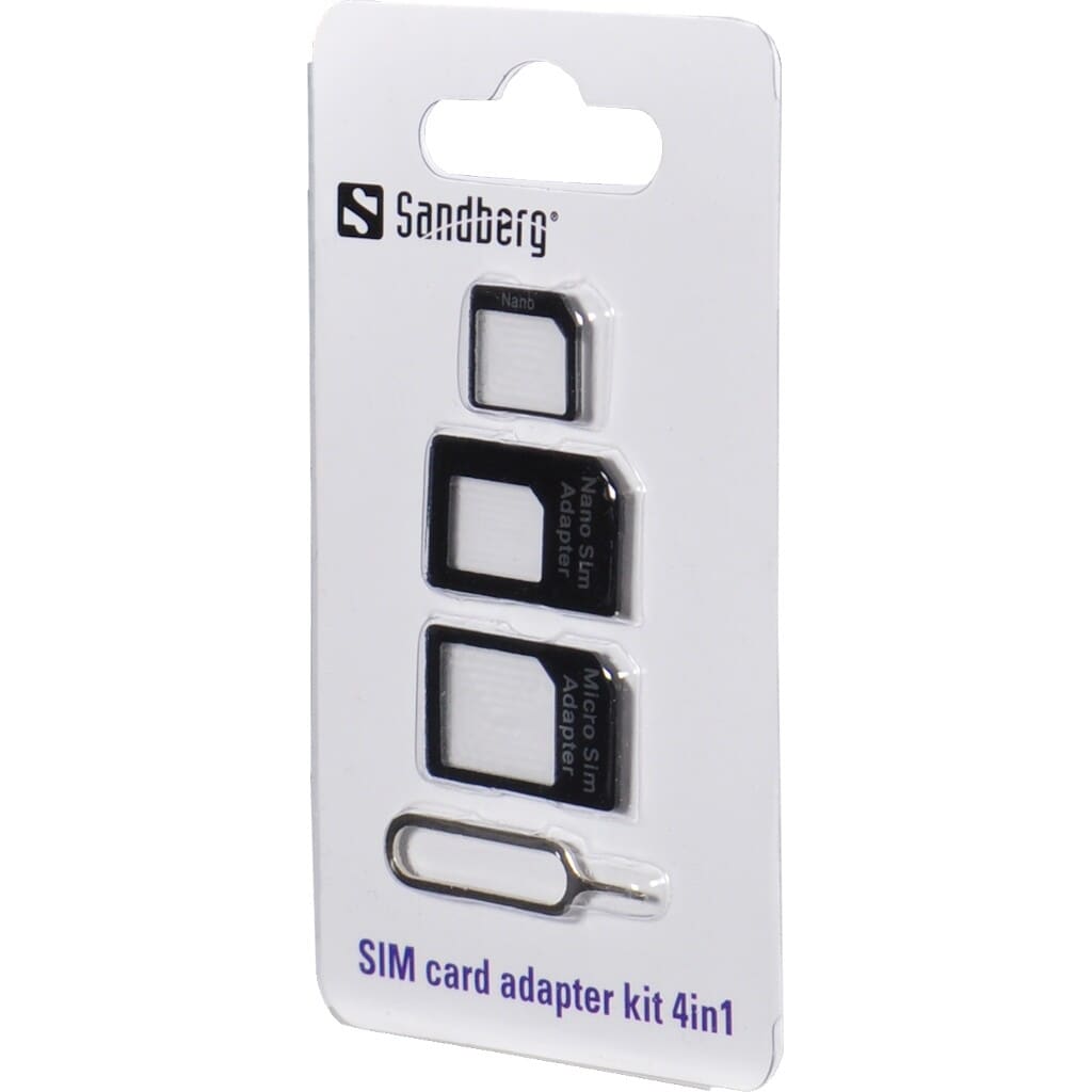 Sandberg SIM Adapter Kit 4in1SandbergOpladere og kabler Omformer Nano-SIM til Micro-Sim, Nano-SIM til Standard-SIM og Micro-SIM til standard-SIM. Indeholder ydermere en smart nål til at prikke SIM-kortet ud i f.eks. en iPhone.
