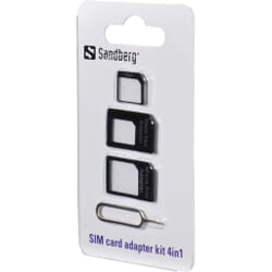 Sandberg SIM Adapter Kit 4in1Converts nano-SIM to Micro-SIM, Nano-SIM to Standard-SIM and Micro-SIM to standard-SIM. In addition, you will get a handy pin to open the SIM card holder of an iPhone.Sandberg