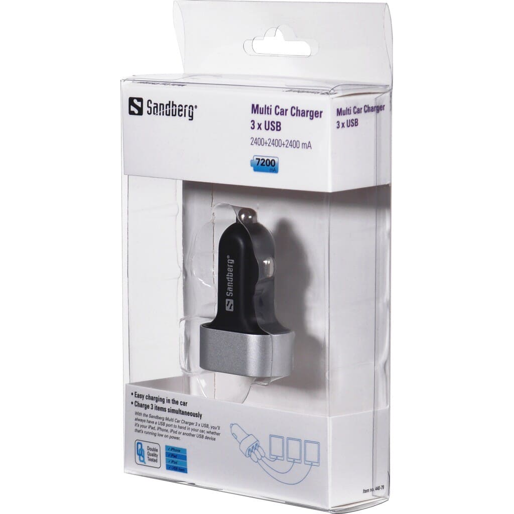 Sandberg Multi Car Charger 3xUSB 7.2AWith the Sandberg Multi Car Charger 3 x USB, you’ll always have a USB port to hand in your car, whether it’syour iPad, iPhone, iPod or another USB device that’s running low on power.Sandberg