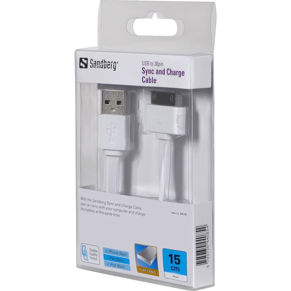 Sandberg USB 30pin Cable Flat 0.15mWith the Sandberg USB to 30pin Charge Cable, you can charge the battery from a PC or a charger with a USB port.Sandberg