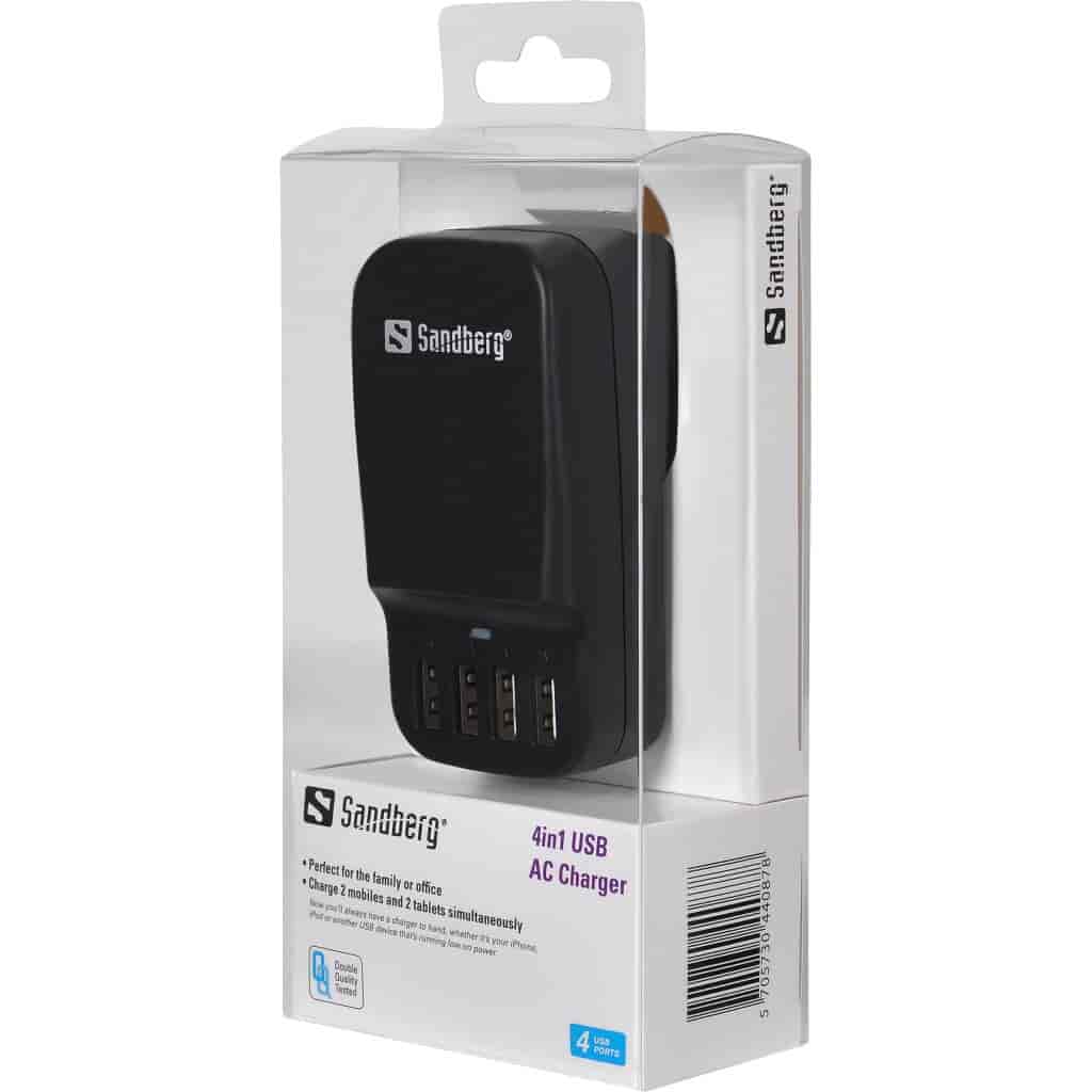Sandberg 4in1 USB AC Charger 6.8A EU+UKWith the Sandberg 4in1 USB AC Charger, you’ll always have a charger to hand at home, whether it’s your iPhone, iPod or another USB device that’s running low on power.Sandberg