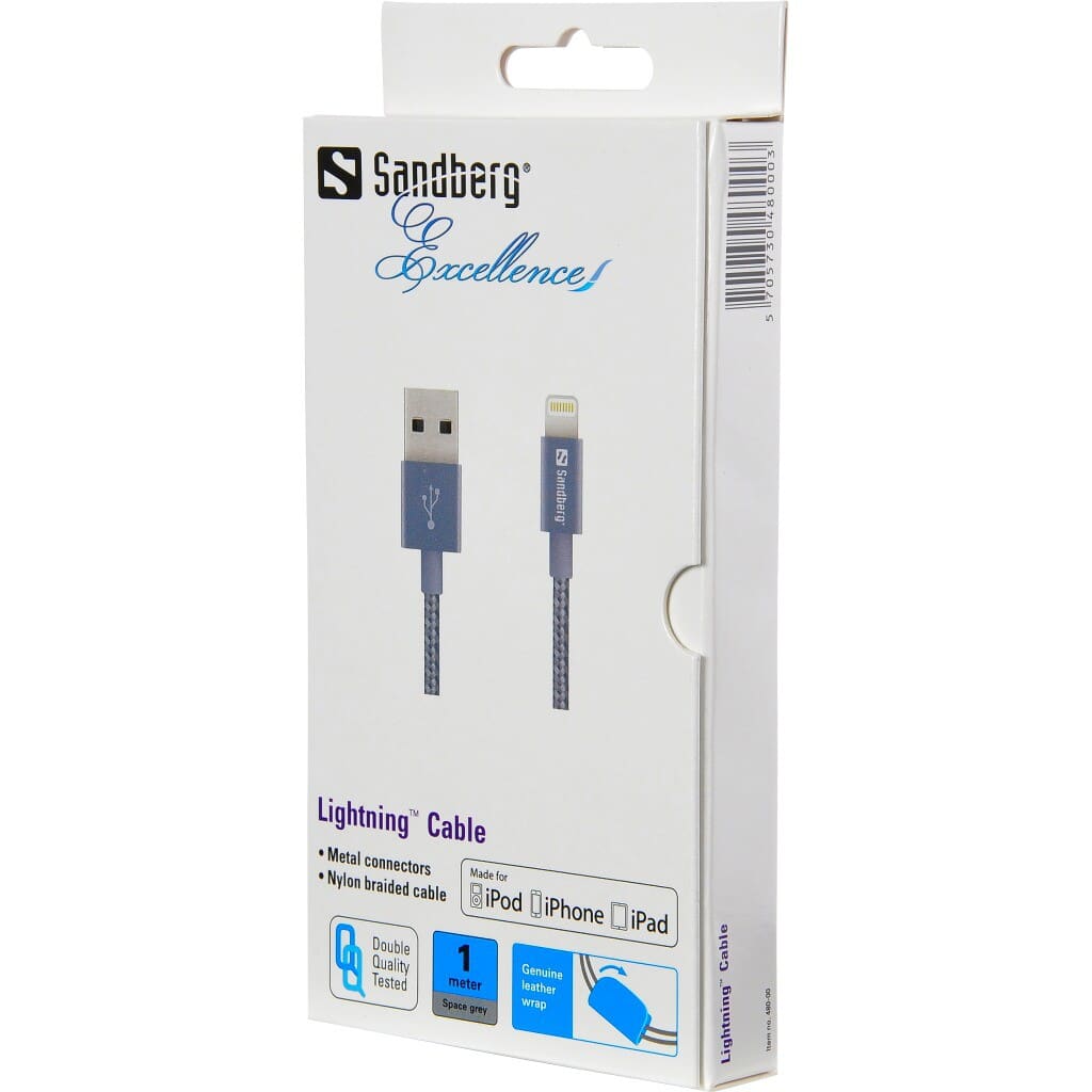 Sandberg Excellence Lightning 1m GreySandbergOpladere og kabler Med Sandberg Sync and Charge Cable kan du synkronisere med PC’en og få ladet batteriet op fra PC eller en lader med USB udgang. Med i pakken får du en kabelsamler i ægte læder.