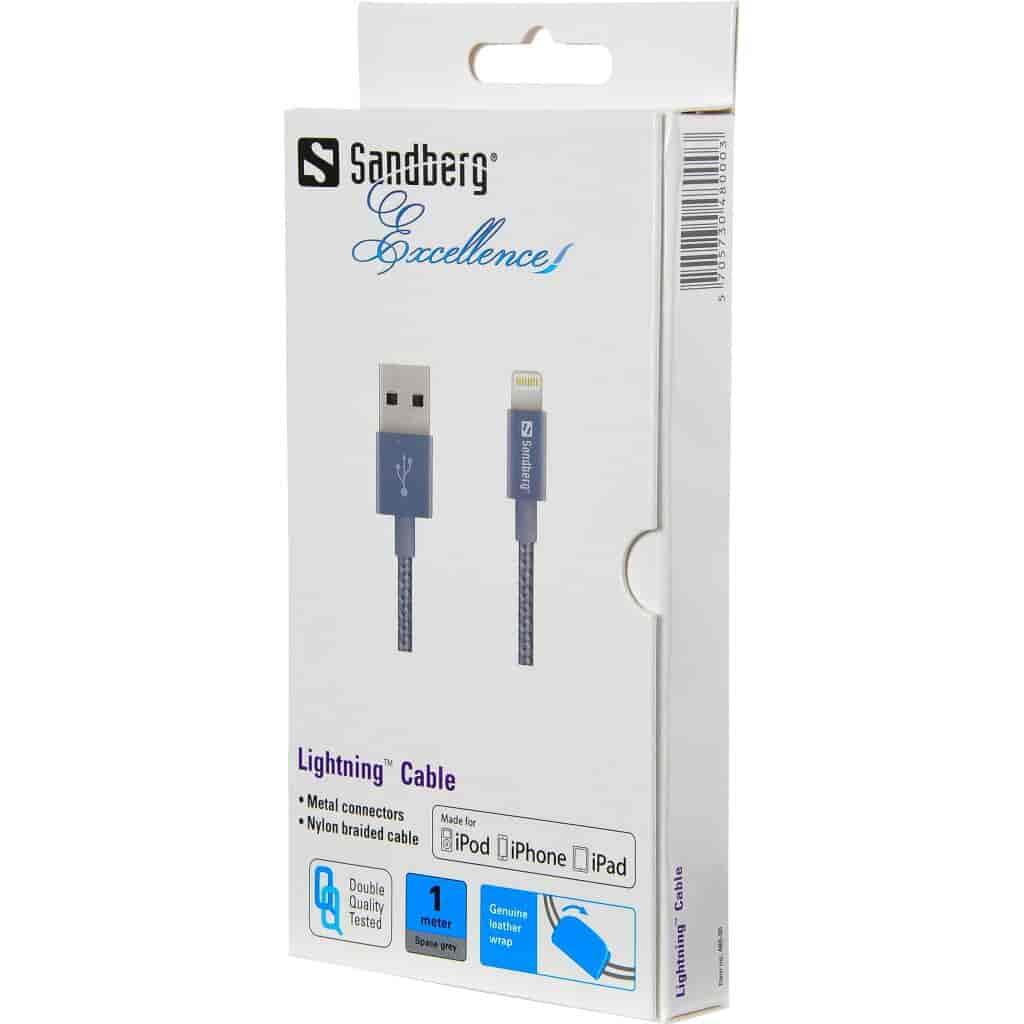 Sandberg Excellence Lightning Grey 1mWith the Sandberg Sync and Charge Cable, you can sync with your computer and charge the battery from there directly or from a charger with a USB port. The package includes a cable binder in genuine leather.Sandberg
