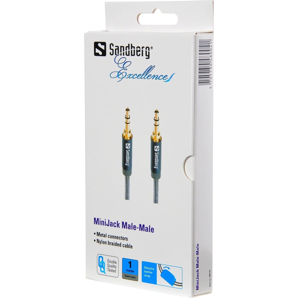 Sandberg Excellence MiniJack Grey 1mConnector cable for connecting a music player or a computer to a set of speakers.Sandberg