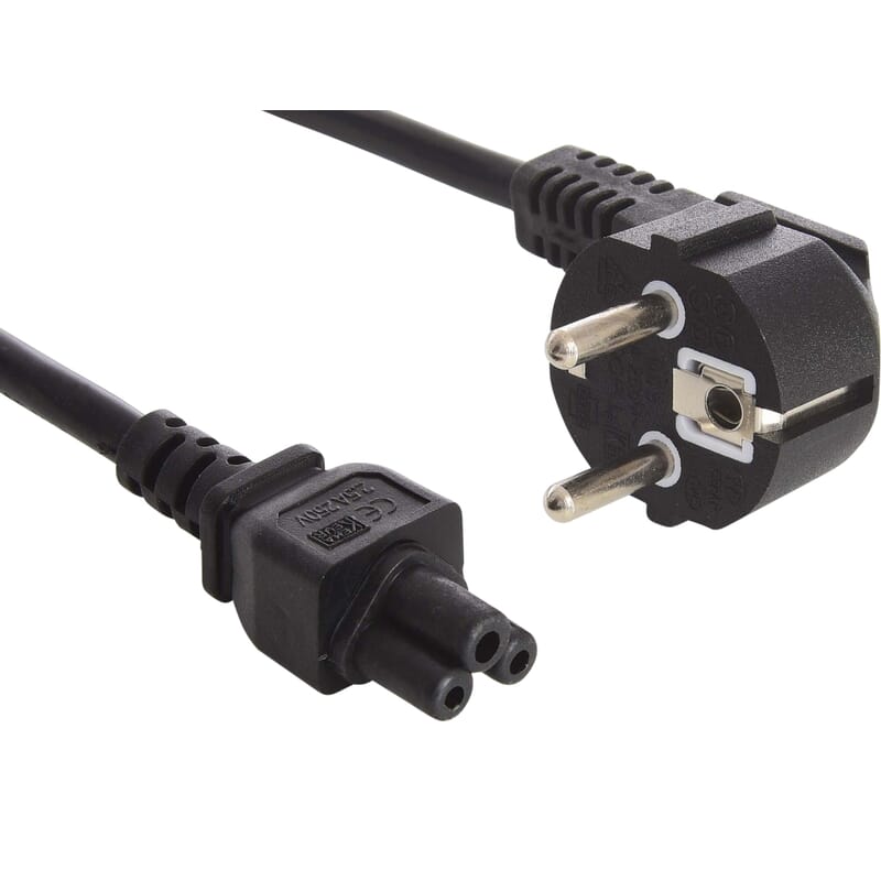 Sandberg 230V PC power cable. 2 pins to cloverleaf 1.8MPower cable with "cloverleaf" connector that fits the power supply of most laptops. The cable connects the power supply to a mains socket, thereby providing the laptop with power.Sandberg