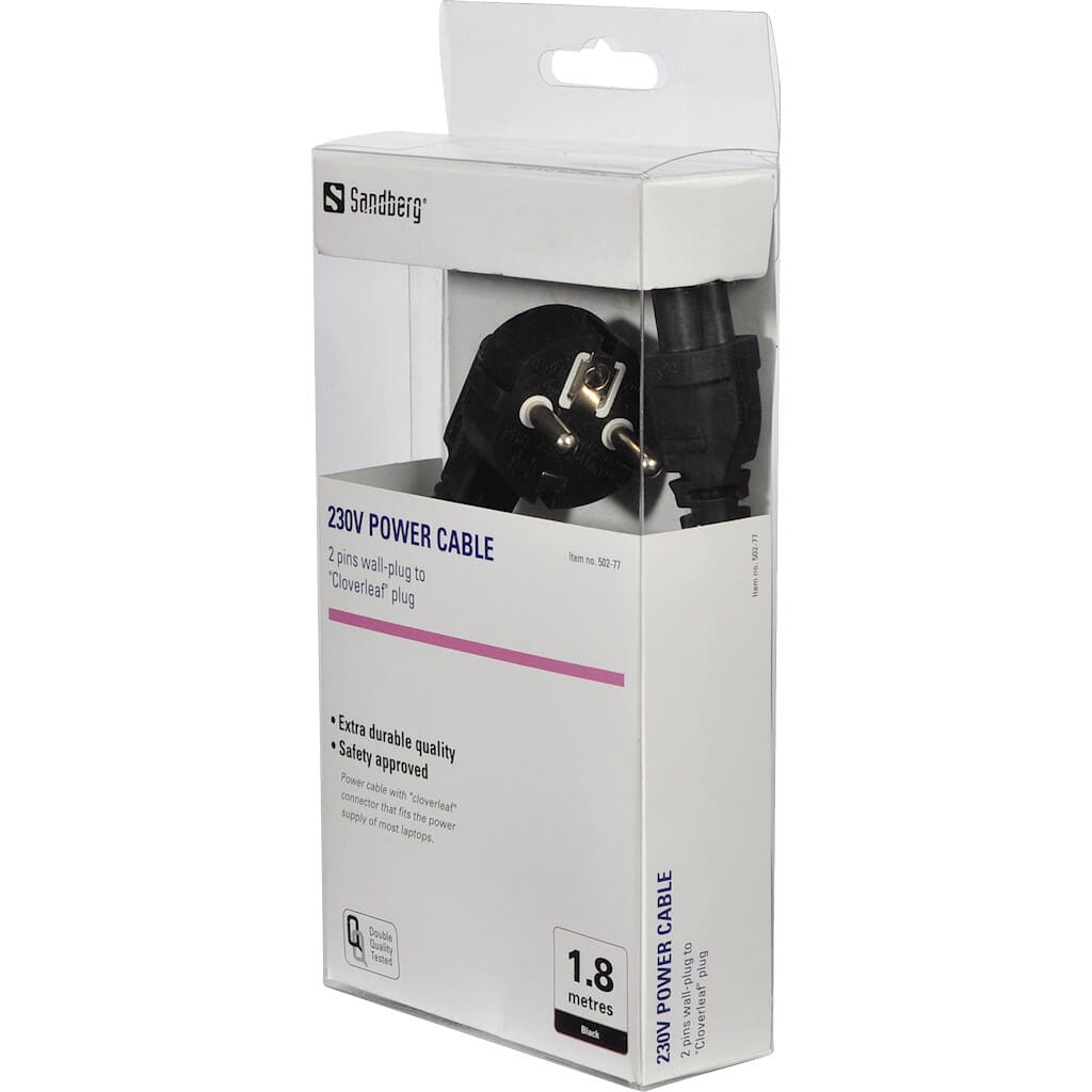 Sandberg 230V PC power cable. 2 pins to cloverleaf 1.8MPower cable with "cloverleaf" connector that fits the power supply of most laptops. The cable connects the power supply to a mains socket, thereby providing the laptop with power.Sandberg