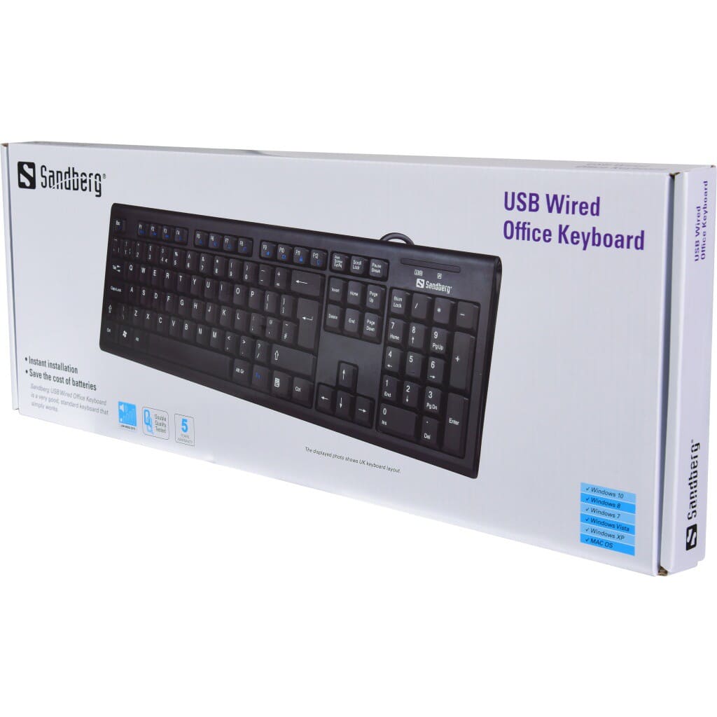 Sandberg USB Wired Office Keyboard NordSandberg USB Wired Office Keyboard is a very good, standard keyboard that simply works. Just insert the keyboard to a USB port on your computer and it will be ready to use immediately. The keyboard is powered from the computer so you never have to worry about changing batteries and also avoid the expense of replacing these.Sandberg