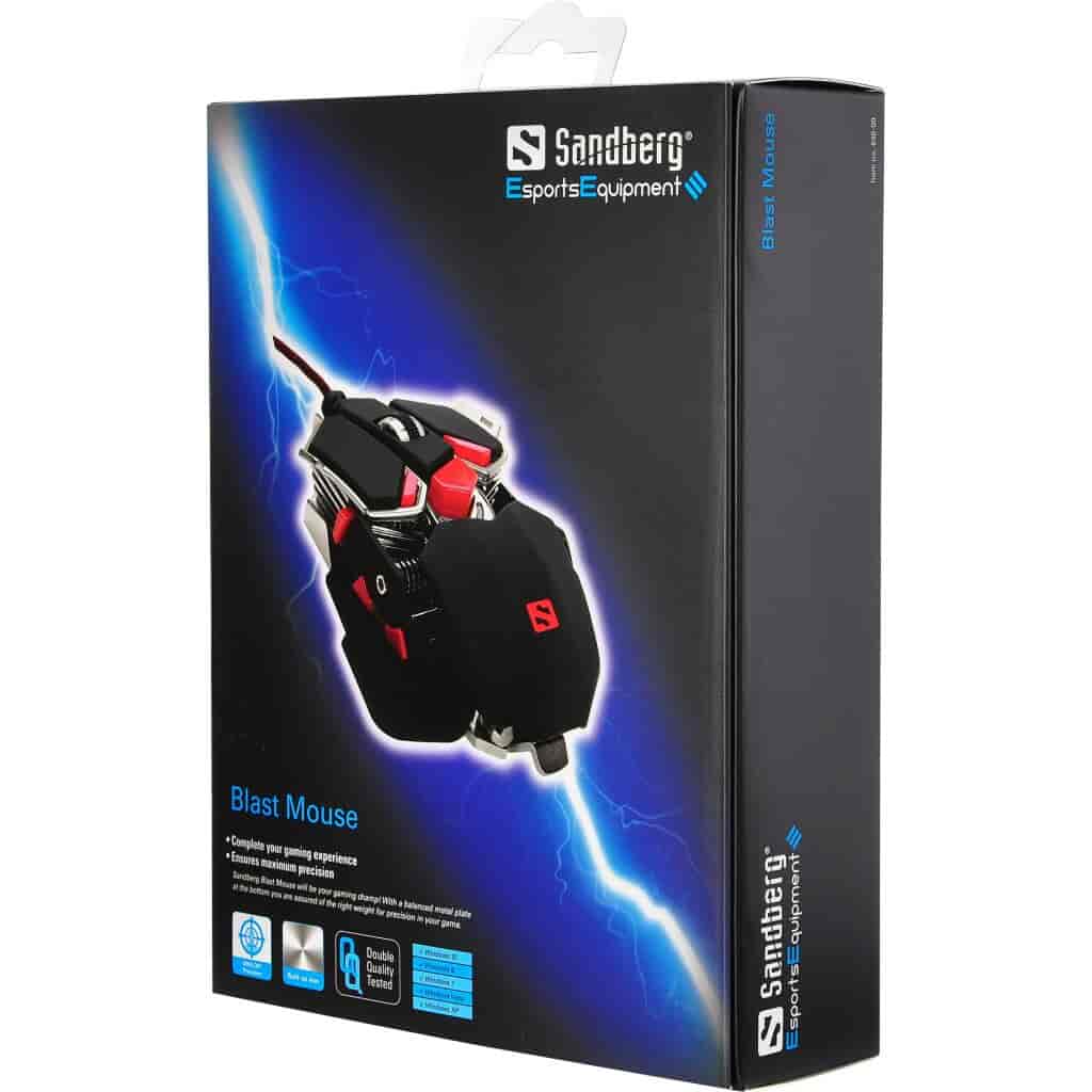 Sandberg Blast MouseWith a balanced metal plate at the bottom you are assured of the right weight for precision in your game. You can quickly switch the speed with the large centre button and in addition to the ordinary mouse buttons and scroll, you also get a number of sliders by the thumb rest. A nylon-clad cable and multi-coloured fader light ensures the perfect gaming experience!Sandberg
