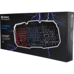 Sandberg Thunderstorm Keyboard NordicSandberg Thunderstorm Keyboard is a solid keyboard constructed on a metal plate. This gives you exactly the right weight, so the keyboard is firm and doesn't slip, just when your game requires maximum concentrationand precision. Made in a unique thunderstorm design with lightning bolts through the keyboard and keys. You can even easily change the colour of the light at the touch of a button. Add the nylon-braided cable and coolUSB connector and you have the complete gaming experience! Shortcut keys for volume, media playback etc. at the top of the keyboard.Sandberg