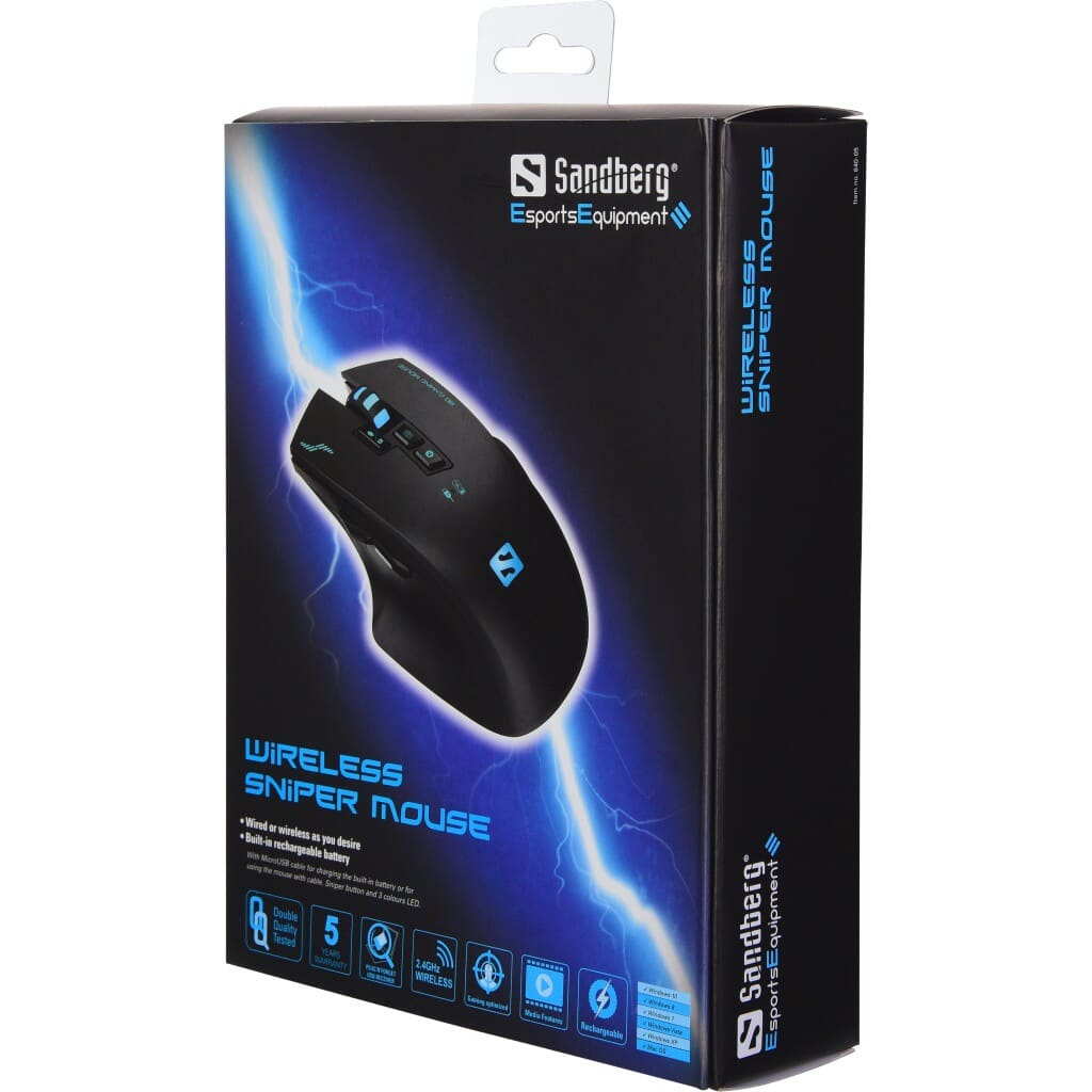 Sandberg Wireless Sniper MouseThe Sandberg Wireless Sniper Mouse can be used with and without the cable, according to your desire. The mouse is charged via the accompanying USB cable, and can be connected to the PC with the same cable - or completely wirelessly for optimum freedom. With an attractively thick scroll wheel and trigger button, as well as a battery indicator. 3 built-in LED lights in changing colours and a total of 8 buttons.Sandberg