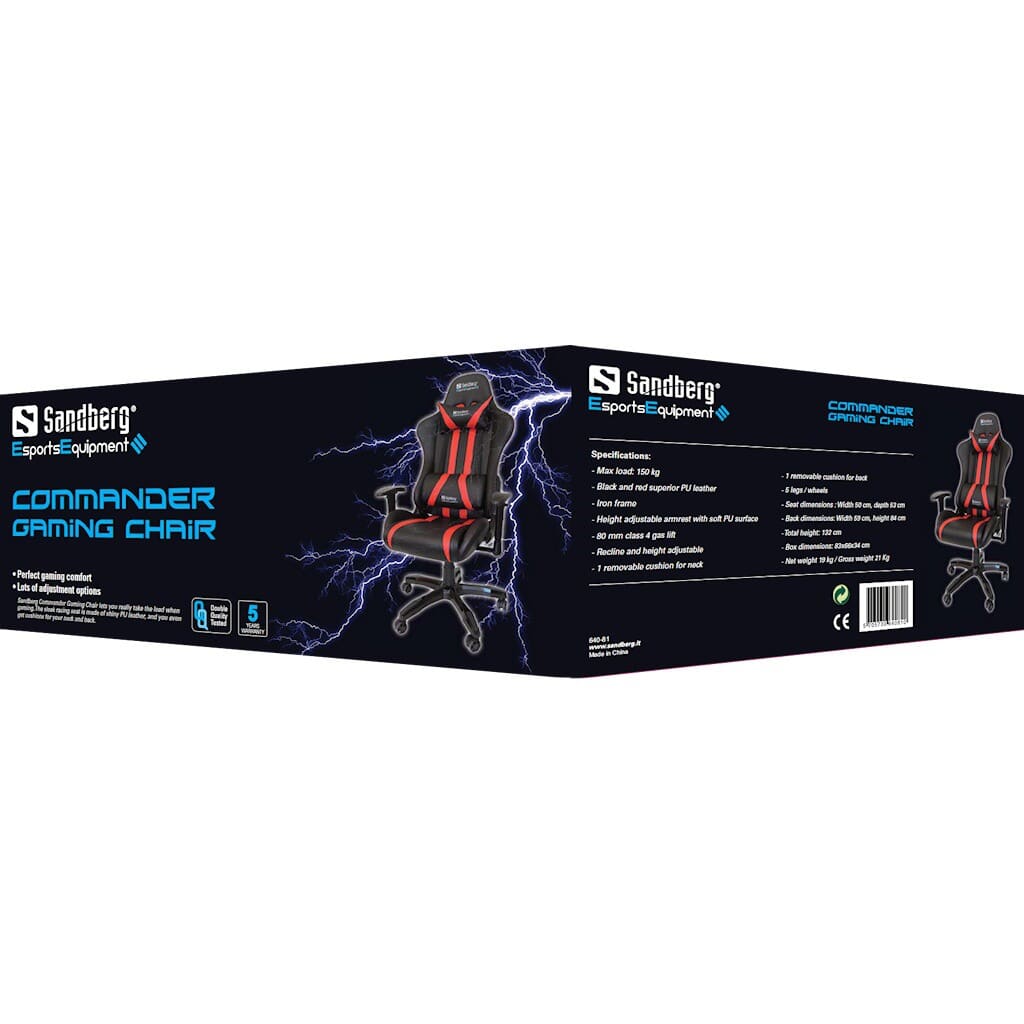 Sandberg Commander Gaming Chair Black/RedSandberg Commander Gaming Chair lets you really take the lead when gaming. The sleek racing seat is made of shiny PU leather, and you even get cushions for your neck and back. The chair has numerous adjustment options for both racing seat and armrests so you can set it exactly as you like; for example, you can take a break from the games, put the seat back down and have yourself a power nap! The chair is built on a solid base and can rotate 360 degrees. Height is easily adjusted with a gas lift.Sandberg