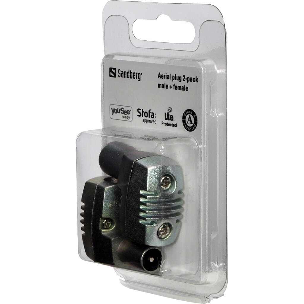 Sandberg Aerial M+F LTE protected 2packAerial connector for fitting to the end of an aerial cable. External screw terminals avoid the need for soldering. The connector is angled at 90 degrees so that the cable does not stick up in the air.Sandberg
