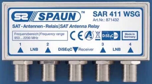 Spaun SAR 411 WSG DiSEqC switch 4-1. Downlead SAT signal from 4 LNB's in one downlead cable. TOP QUALITY SWITCH.