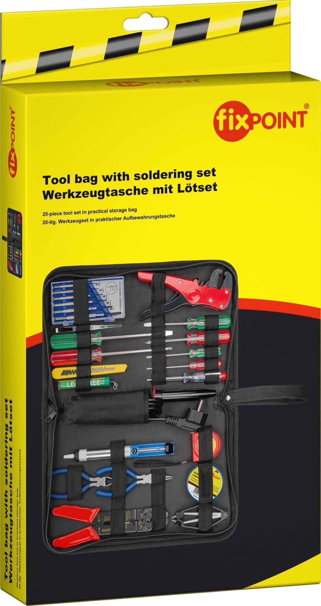 Elektro værktøjssæt 20 dele. Loddekolbe,loddetin,skruetrækkere, tænger og meget mere - i praktisk etui.