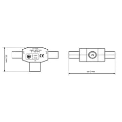 Teknisk tegning - Splitter (fordeler) for radio og TV antennesignal, metalhus.Almindelige IEC 9.5 Coax antennstik.