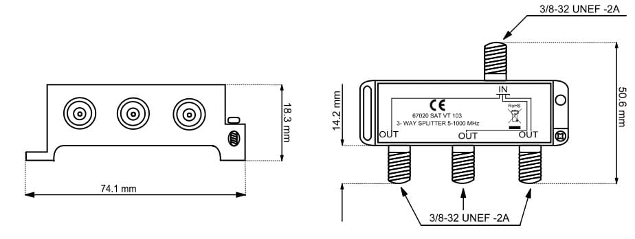 3-vejs splitter (antennefordeler),5-1000 MHz., til radio,TV,kabel TV.