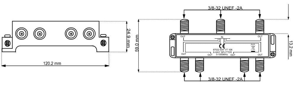 6 Way splitter,5-1000 MHz.6 Way splitter,5-1000 MHz. Distribute antenna signal from 1 source to 6 targets. Suitable for all radiosignals within 5-1000 Mhz. Connection F-connector.goobay