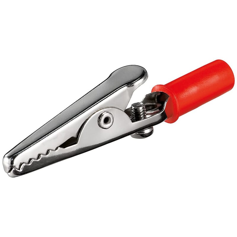 Alligatorclip with screw, red. 55 mm.