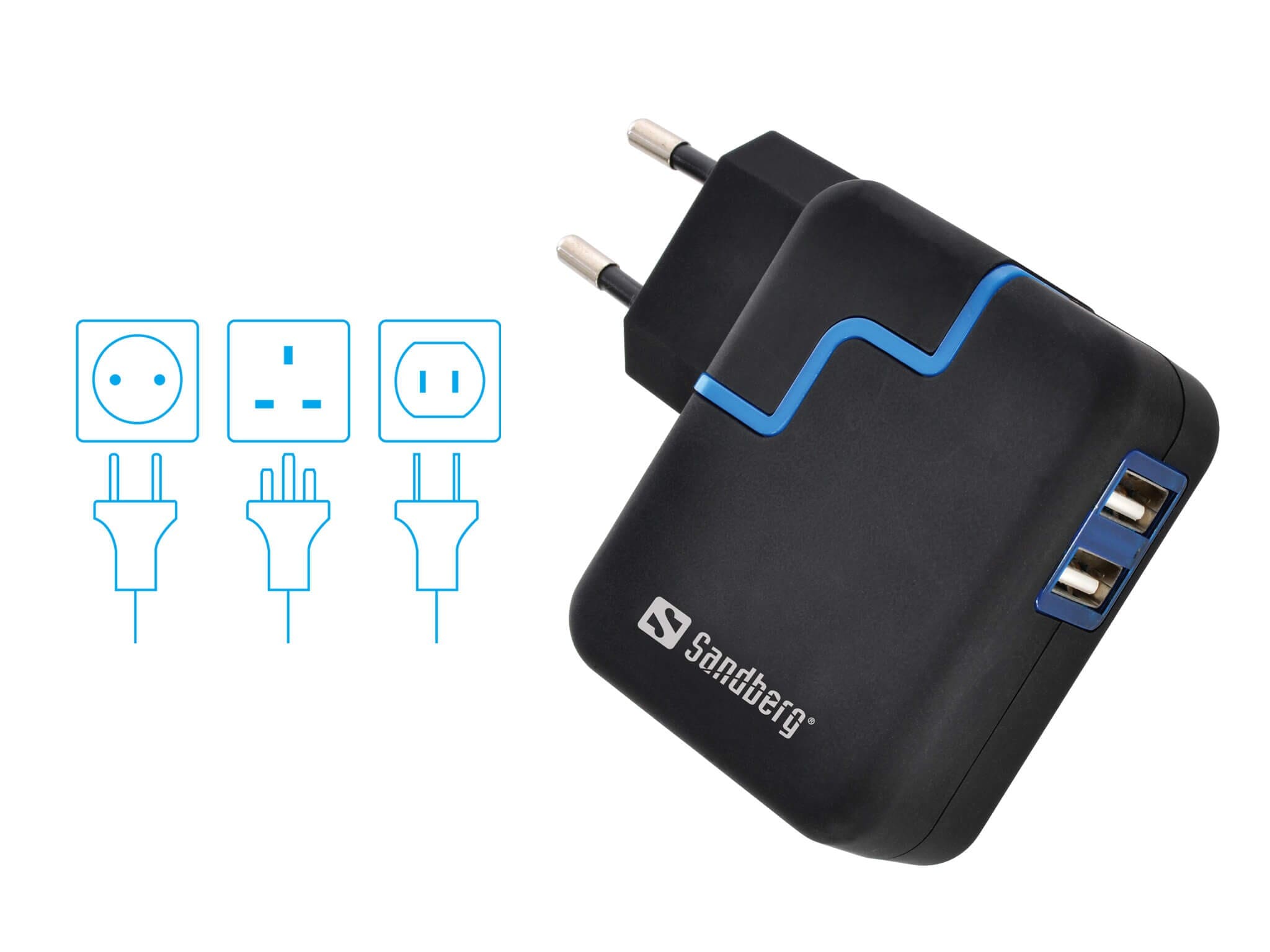 Sandberg USB oplader med dobbelt udgang og rejsestik