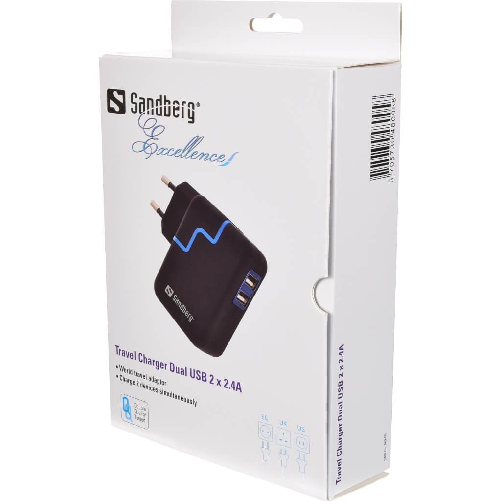 Sandberg USB oplader med dobbelt udgang til mobil og tablet