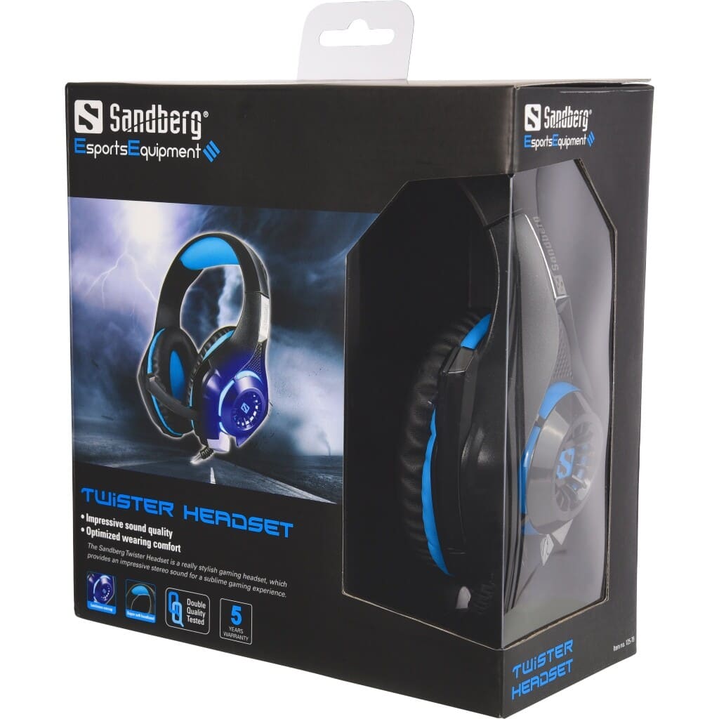 Sandberg Twister HeadsetThe Sandberg Twister Headset is a really stylish gaming headset, which provides an impressive stereo sound for a sublime gaming experience. A particularly sensitive microphone ensures that your opponents and allies can hear you clearly. The adjustable headband is equipped with a soft and comfortable padding, so the headset is comfortable to wear for many hours at a time. The earcups have a great built-in LED light. The headset connects with a standard MiniJack audio plug, and thus functions on both PCs and other equipment with a MiniJack audio output.Sandberg
