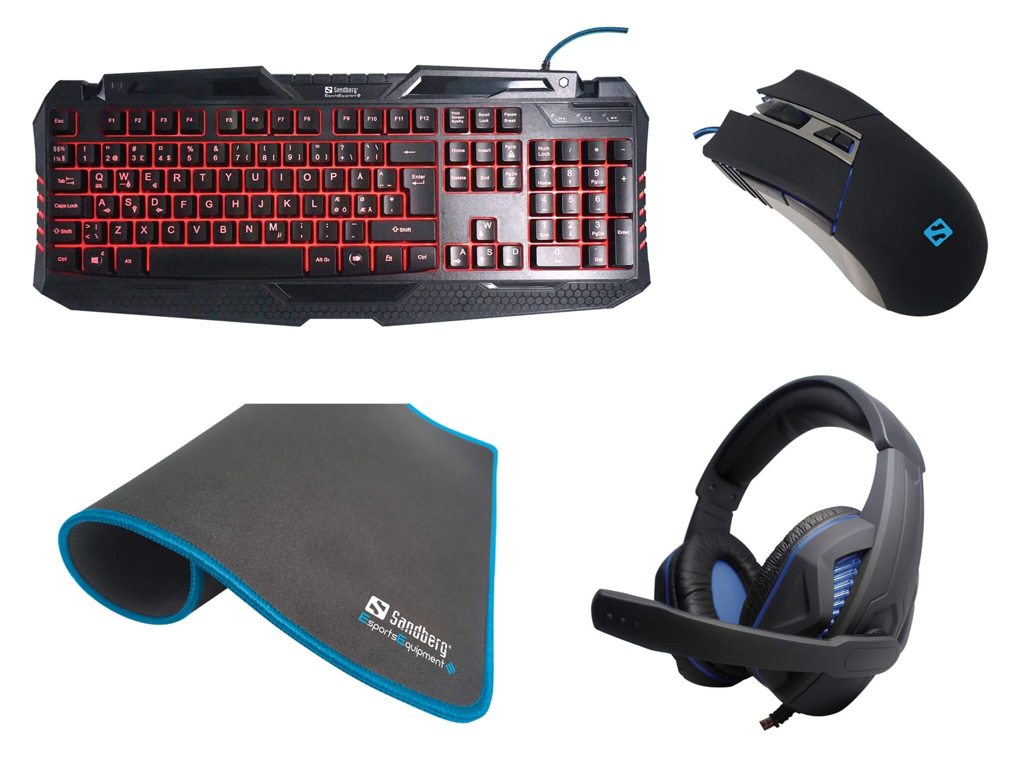 Komplet gamers starter kit nordic 4i1 - Sandberg. Headset, keyboard, mus og musemåtte.