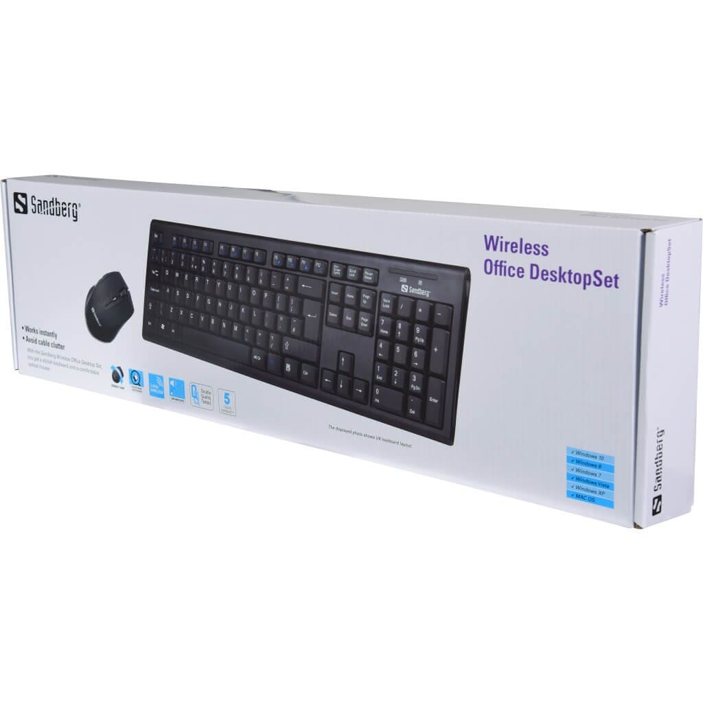 Sandberg Wireless Office DesktopSet NorWith the Sandberg Wireless Office Desktop Set, you get a stylish keyboard and a comfortable optical mouse. You avoid cable clutter as both devices connects wirelessly to your computer via a tiny USB receiver. Installation is fully automatic with no need for software or pairing of devices.Sandberg