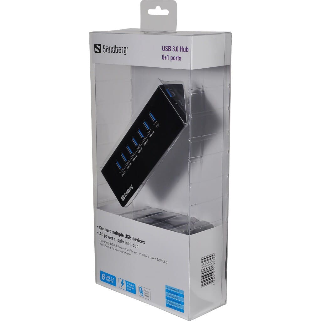 USB 3.0 Hub 6+1 ports kvalitetshub, udvid din PC med flere USB porte,Sandberg 