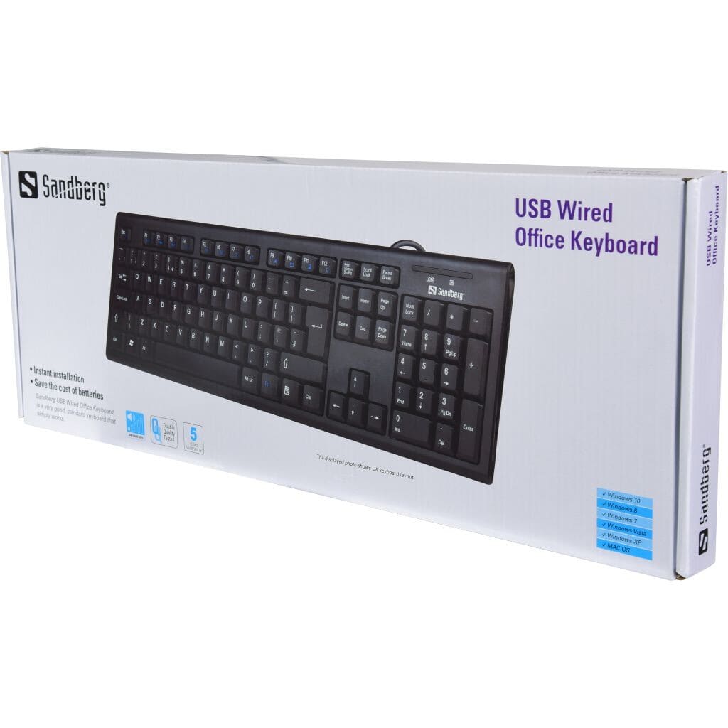 UK version. USB Kontor tastaturSandbergTastatur Sort Sandberg USB Wired Office Keyboard er et rigtigt godt standard tastatur, der bare virker. Sæt blot tastaturet i en USB port i din computer, og det er klar til brug med det samme. Tastaturet får strøm fra computeren, så du skal aldrig bekymre dig om batteriskift, og sparer samtidig udgiften hertil.