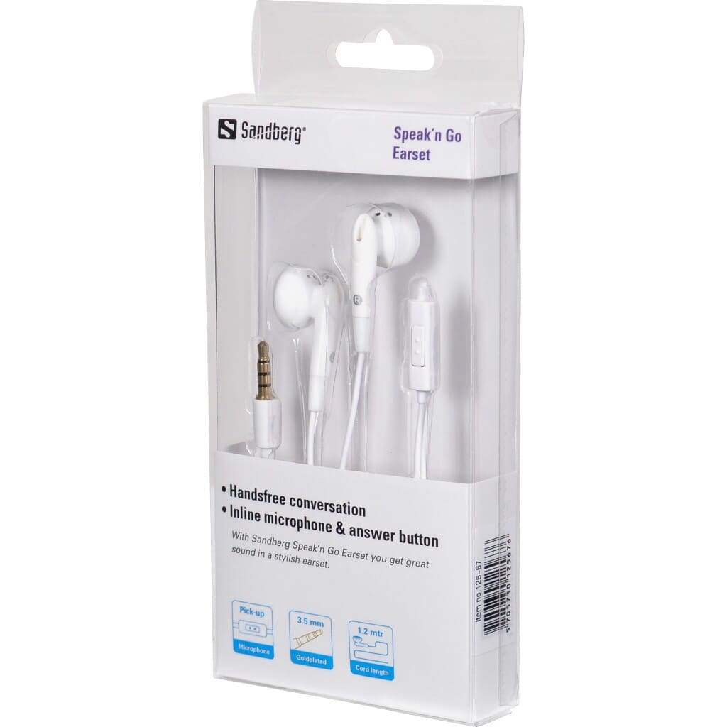 Sandberg Speak'n Go Earset WhiteWith Sandberg Speak’n Go Earset you get great sound in a stylish earset. The cable features a microphone and answer button for incoming calls, so you don't have to take the phone out of your pocket.Sandberg