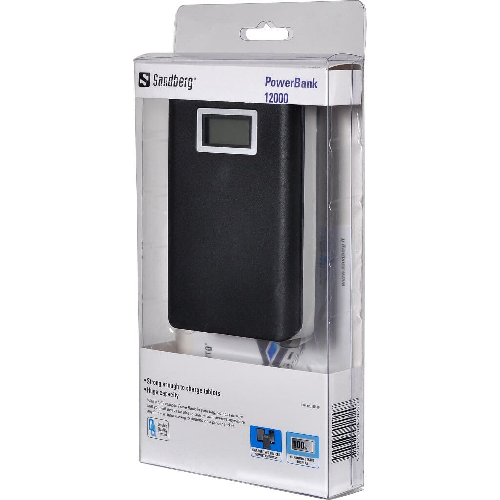 Sandberg PowerBank 12000Sandberg PowerBank 12000 is a portable battery which is charged via a USB port and can then transfer the power to a mobile phone or other mobile device. With a fully charged PowerBank in your bags, you can ensure that you will always be able to charge your devices anywhere anytime – without having to depend on a power socket. PowerBank 12000 has extra high capacity and can charge two devices simultaneously, e.g. an iPad and a mobile phone. Look forward to a future without dead batteries!Sandberg