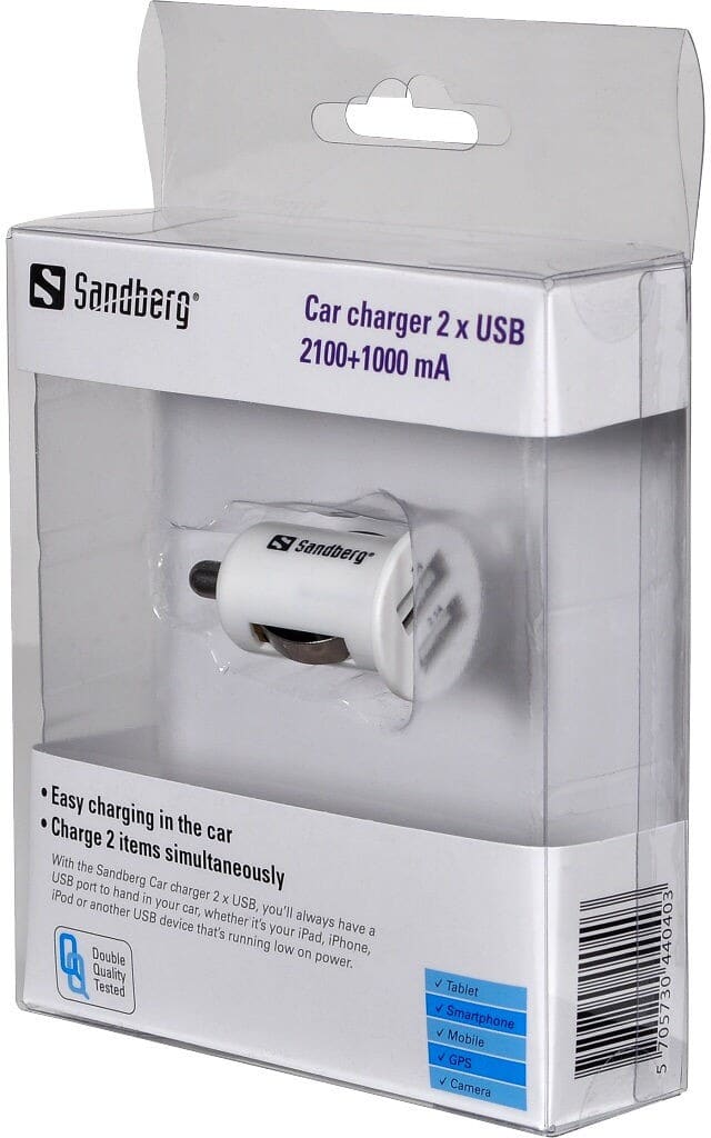 Sandberg Mini Car Charger 2xUSB 1A+2.1AWith the Sandberg Car charger 2 x USB, you’ll always have a USB port to hand in your car, whether it’s your iPad, iPhone, iPod or another USB device that’s running low on power.Sandberg