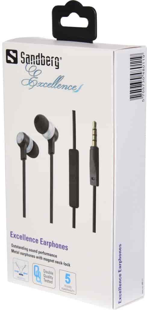 Sandberg Excellence EarphonesWith Sandberg Excellence Earphones you get great sound in a stylish earset. The cable features a microphone and answer button for incoming calls, so you don't have to take the phone out of your pocket. With practical flat cable so that you avoid cable clutter. Earphones of high quality in aluminium with embedded magnet which enables you to lock the earphones around your neck.Sandberg