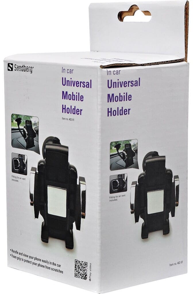 Sandberg In Car Universal Mobile HolderAdjustable, flexible arm for best viewing angle- Fits most phones and covers. No need to remove the cover from the phone- Easy to install, no tools required- Adjustable frame ensures perfect fit- Quick release button- Suction pad with lock knob- Rotatable 360 degrees- Extra large suction cup attaches firmly to the windscreenSandberg